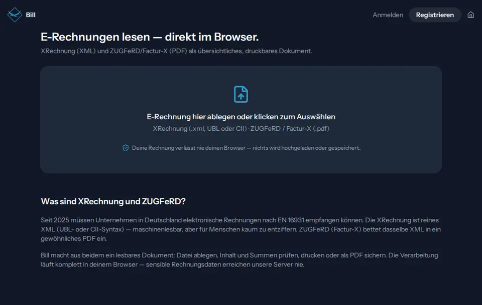 Startseite von Birdsuite Bill im Browser
