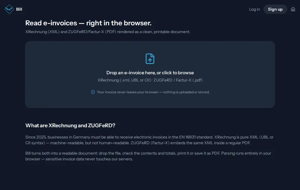 Start page of Birdsuite Bill in the browser