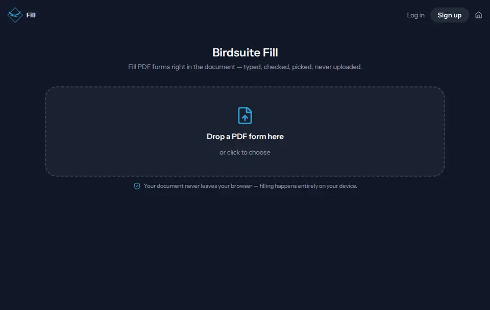 Start page of Birdsuite Fill in the browser