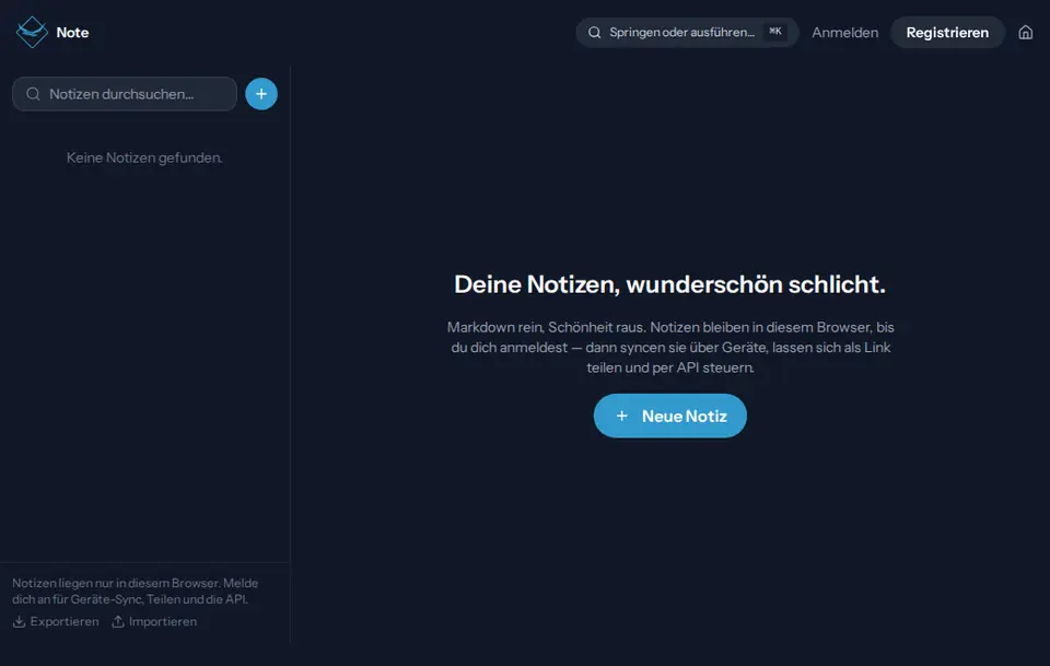 Startseite von Birdsuite Note im Browser