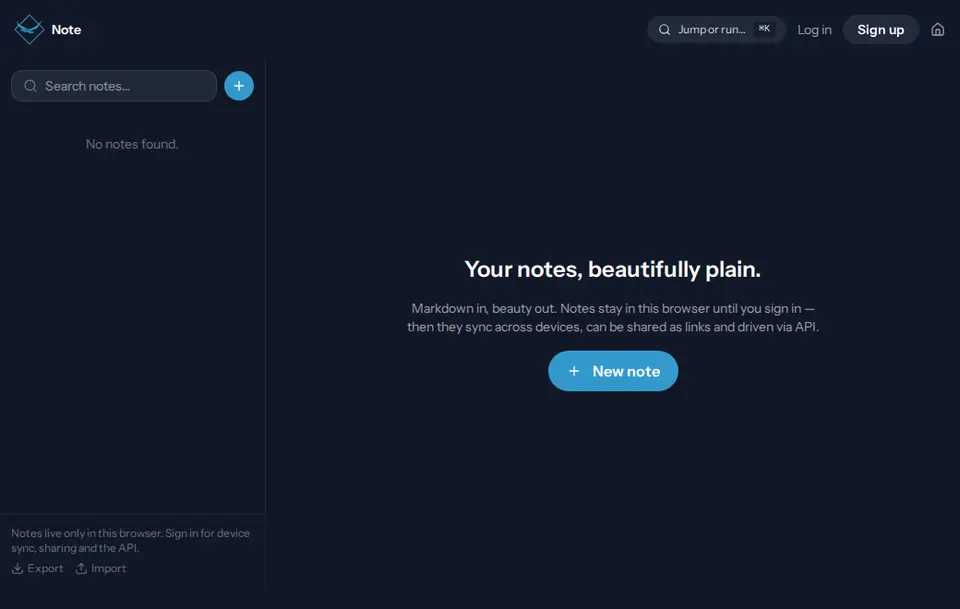 Start page of Birdsuite Note in the browser