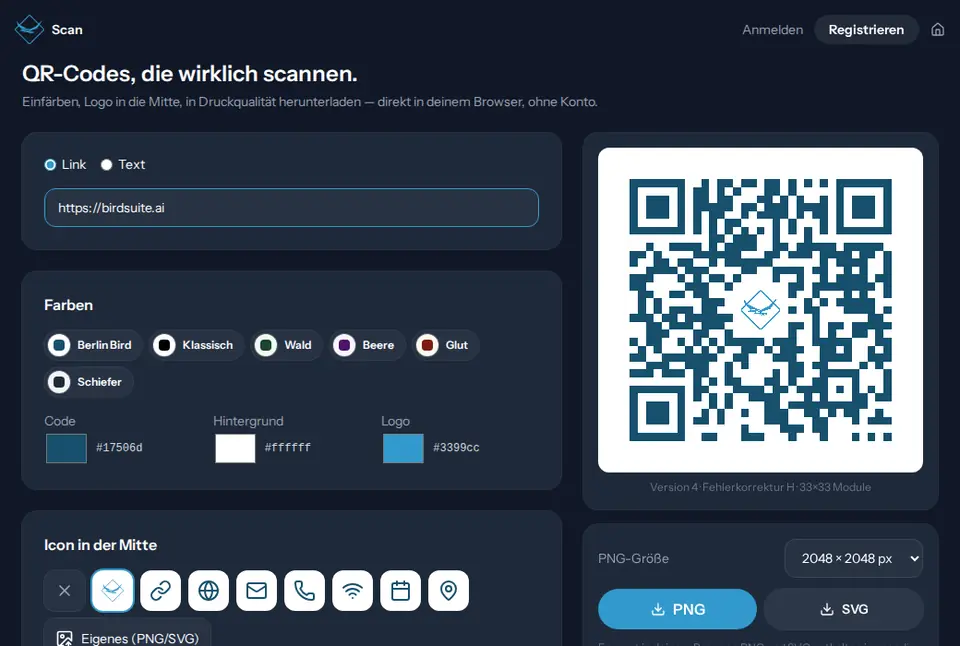 Startseite von Birdsuite Scan im Browser