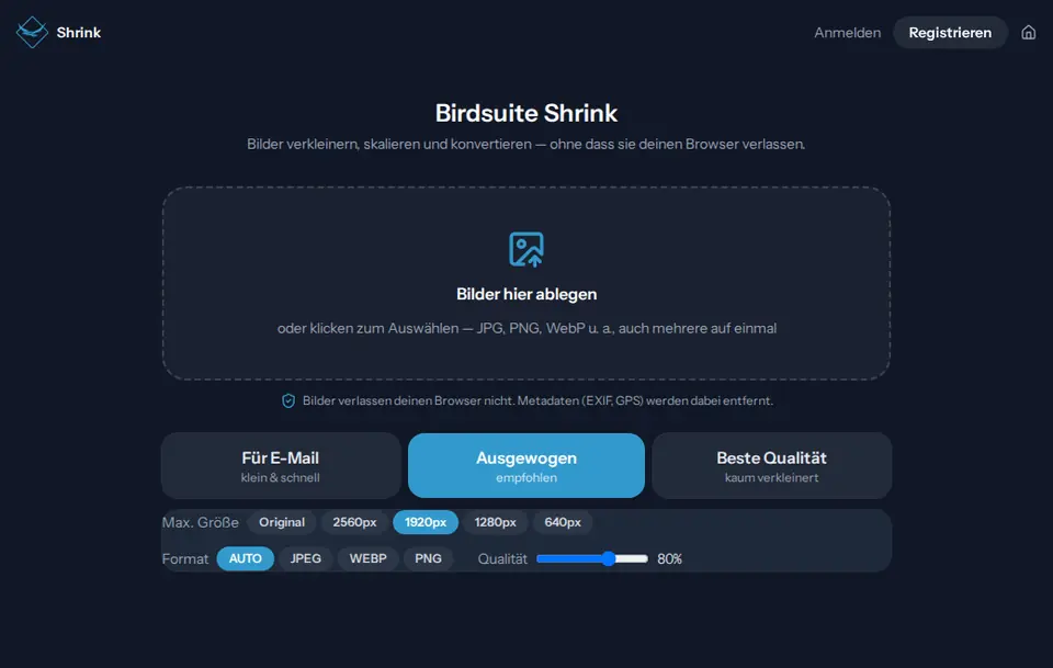Startseite von Birdsuite Shrink im Browser