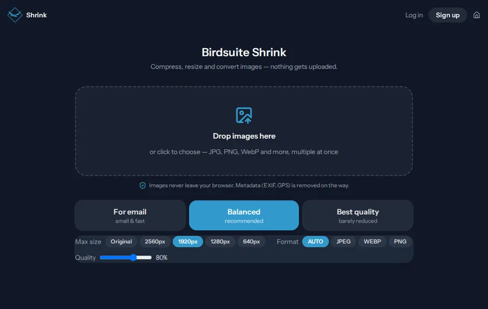 Start page of Birdsuite Shrink in the browser
