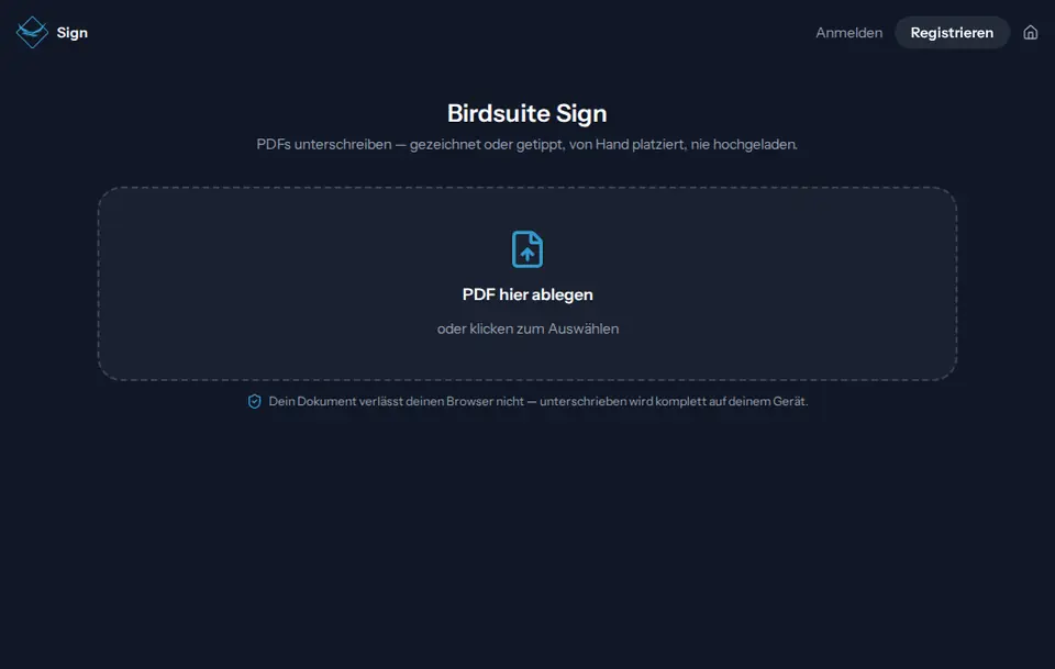Startseite von Birdsuite Sign im Browser