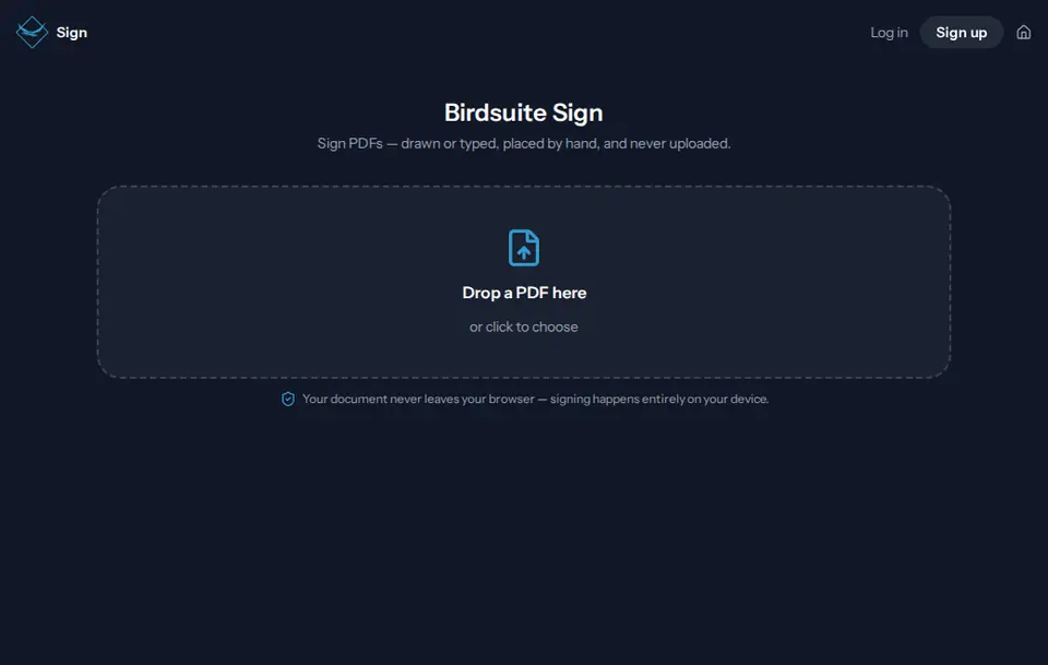 Start page of Birdsuite Sign in the browser
