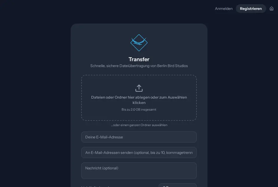 Startseite von Birdsuite Transfer im Browser