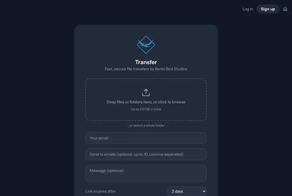 Start page of Birdsuite Transfer in the browser